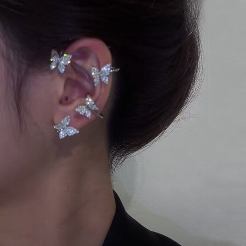 Kpop Shiny Zircon Butterfly Earcuff For Women Without Piercing Earrings 2022 Fashion Ear Clip Earrings Bride Wedding Jewelry