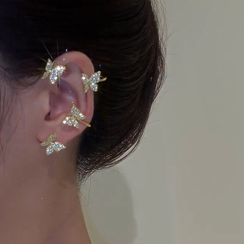 Kpop Shiny Zircon Butterfly Earcuff For Women Without Piercing Earrings 2022 Fashion Ear Clip Earrings Bride Wedding Jewelry